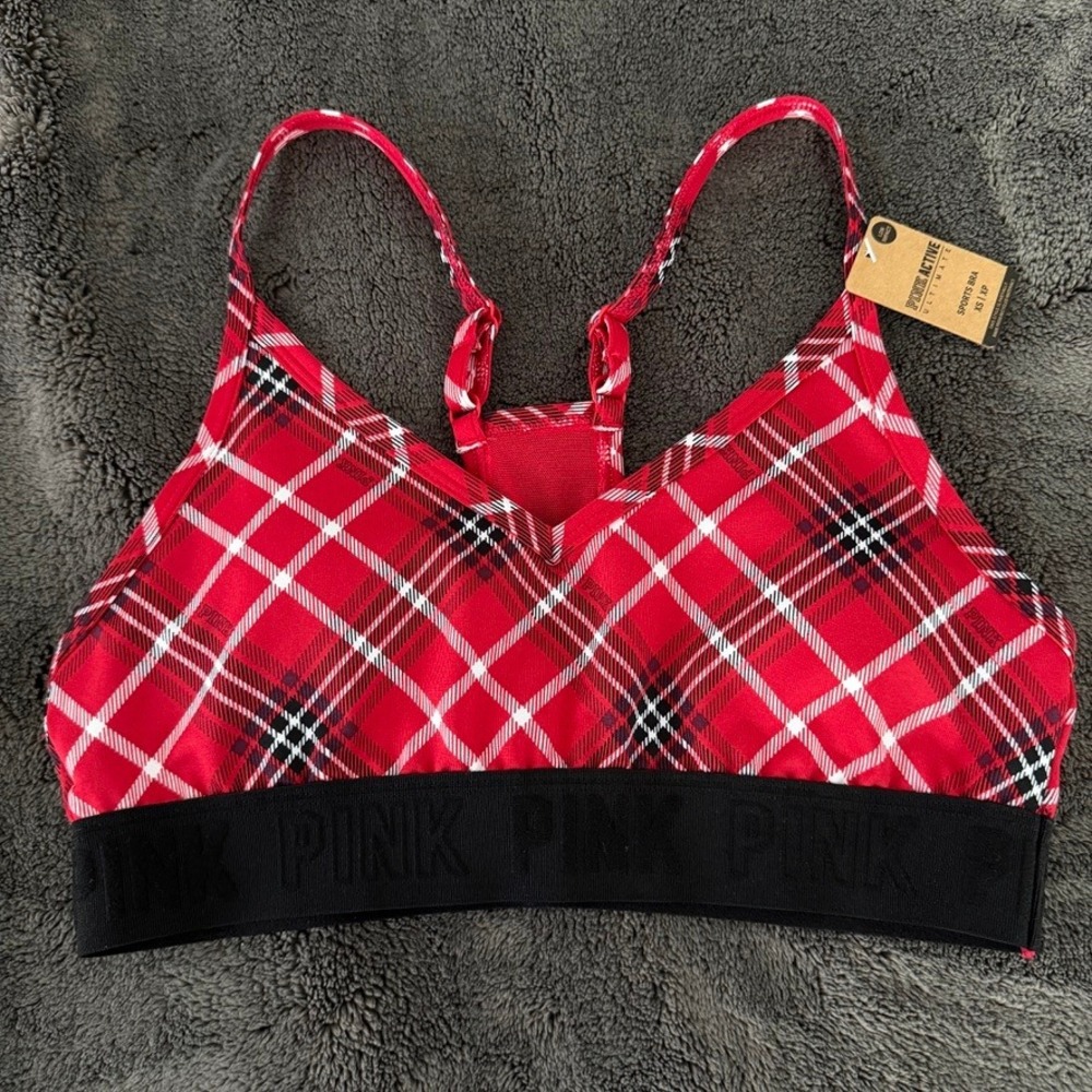 PINK Active Victoria's Secret Ultimate Lightly Lined Sports Bra XS Red Plaid